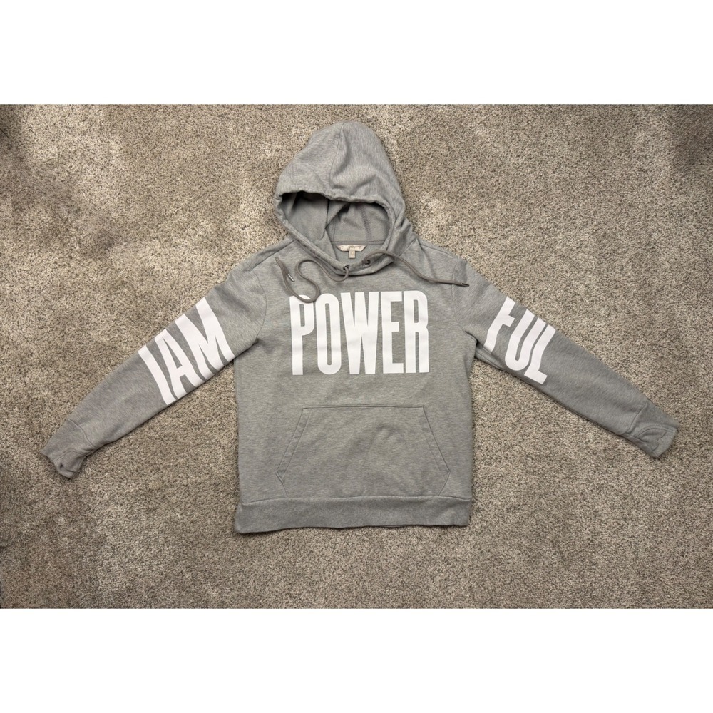 Athleta Hoodie I AM POWERFUL Graphic Small Gray Athleisure Thumbholes Pullover